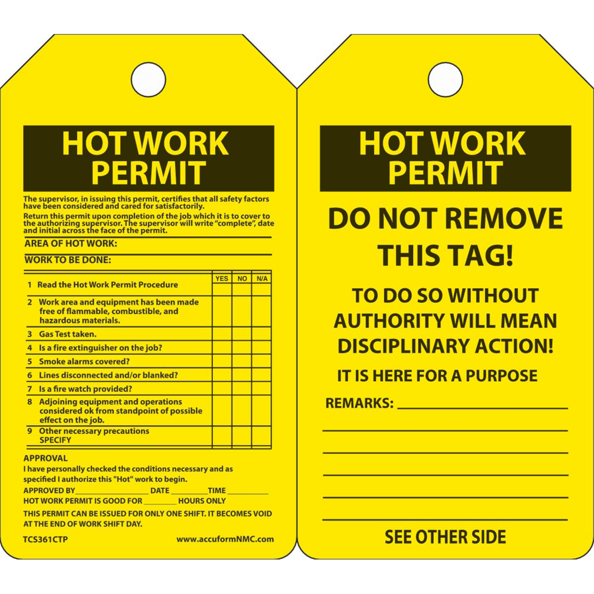 ACCUFORM NMC HOT WORK PERMIT SAFETY INSPECTION TAG